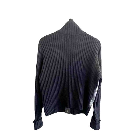 Context Womens Black Leather Wool Knit Cardigan Jacket Sz L Black Y2K Minimalist - Picture 3 of 11